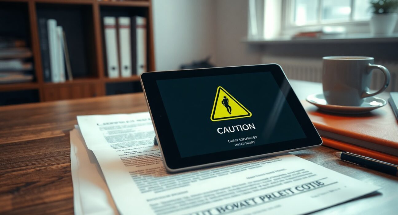 Legal document with fine print and a digital tablet showing a crypto wallet with a warning symbol on a desk