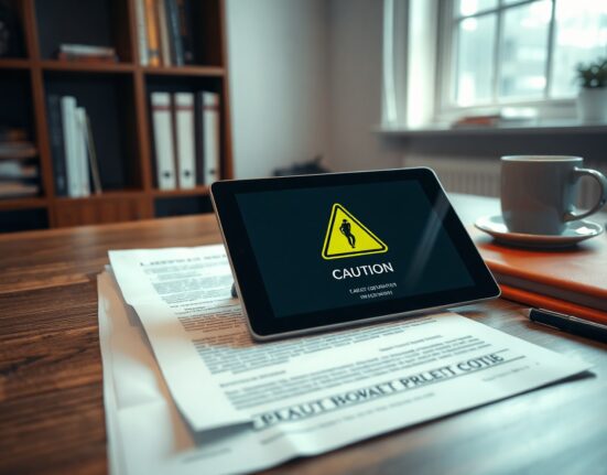 Legal document with fine print and a digital tablet showing a crypto wallet with a warning symbol on a desk