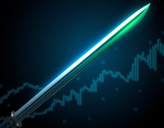 Katana (KAT) price chart showing an 85% surge with a glowing digital katana sword.