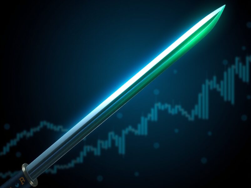 Katana (KAT) price chart showing an 85% surge with a glowing digital katana sword.
