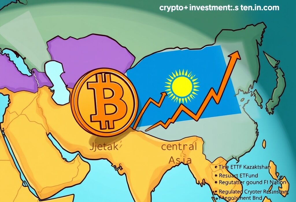 A cartoon illustration symbolizing the impact of the Kazakhstan Bitcoin ETF on regulated crypto investment in Central Asia.