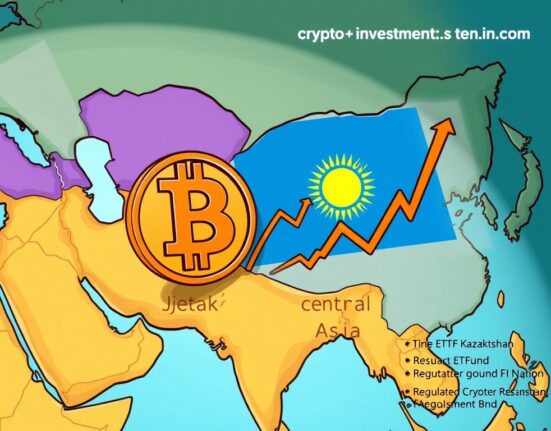 A cartoon illustration symbolizing the impact of the Kazakhstan Bitcoin ETF on regulated crypto investment in Central Asia.