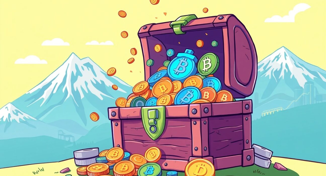 Kazakhstan crypto fund treasure chest with digital assets and blockchain technology