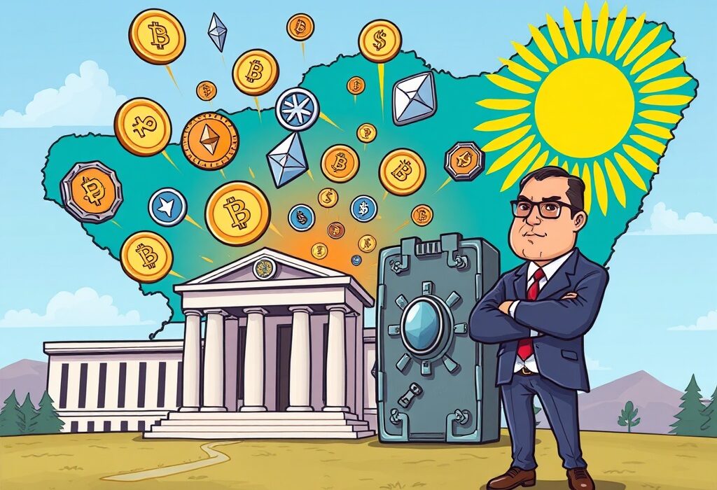 A cartoon showing Kazakhstan establishing a state-run Kazakhstan crypto fund, symbolizing national investment in digital assets.