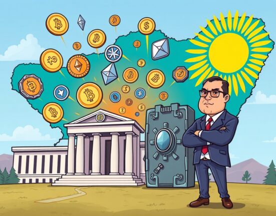 A cartoon showing Kazakhstan establishing a state-run Kazakhstan crypto fund, symbolizing national investment in digital assets.