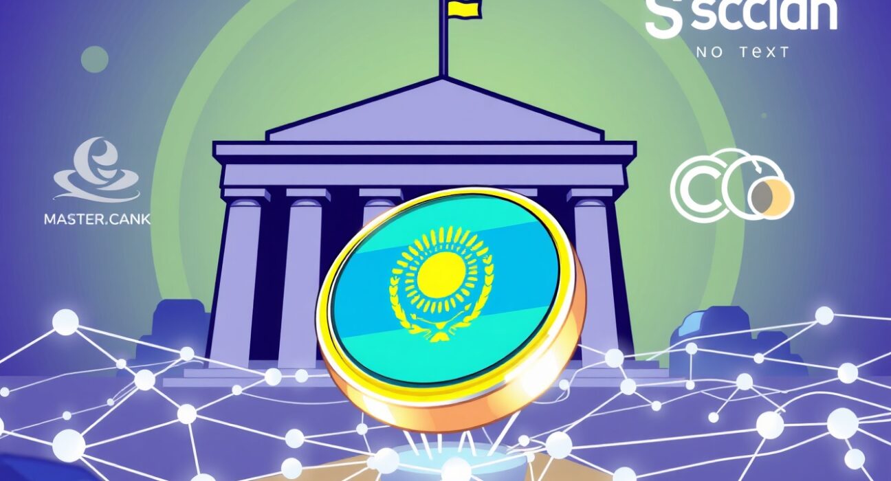 A cartoon illustration showing the Kazakhstan stablecoin pilot, symbolizing digital finance innovation on the Solana blockchain.