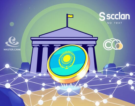 A cartoon illustration showing the Kazakhstan stablecoin pilot, symbolizing digital finance innovation on the Solana blockchain.