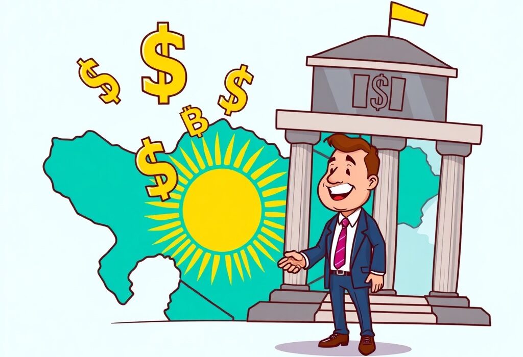 A cartoon illustration showing Kazakhstan accepting stablecoins for regulatory fees, symbolizing financial innovation with Kazakhstan stablecoins.