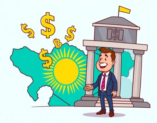 A cartoon illustration showing Kazakhstan accepting stablecoins for regulatory fees, symbolizing financial innovation with Kazakhstan stablecoins.