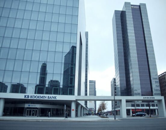 Exterior of KB Kookmin Bank headquarters in Seoul, South Korea, representing the first bank to issue a blockchain-based digital bond.