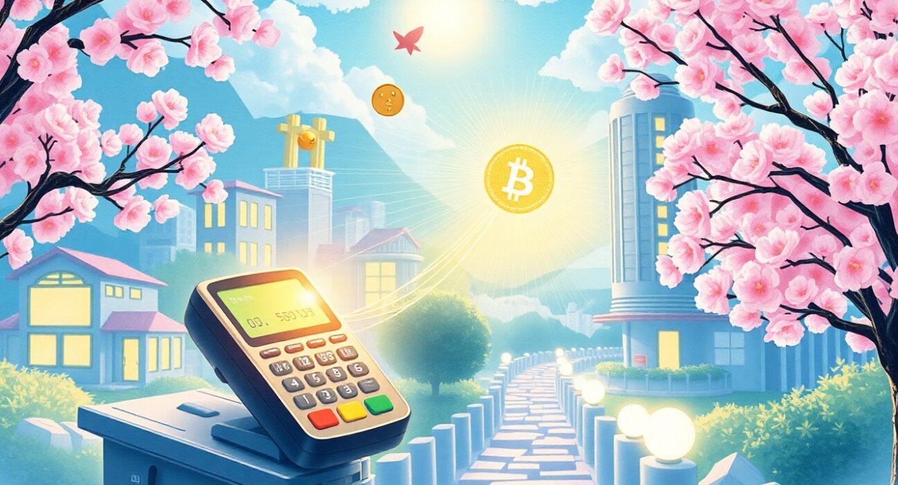 Conceptual illustration of KB Kookmin Card's hybrid digital asset payment technology merging blockchain and credit systems.