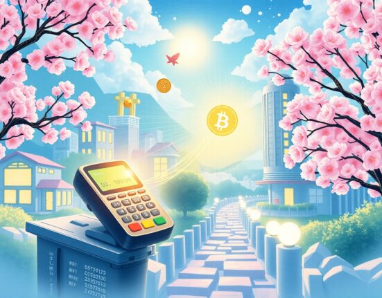 Conceptual illustration of KB Kookmin Card's hybrid digital asset payment technology merging blockchain and credit systems.