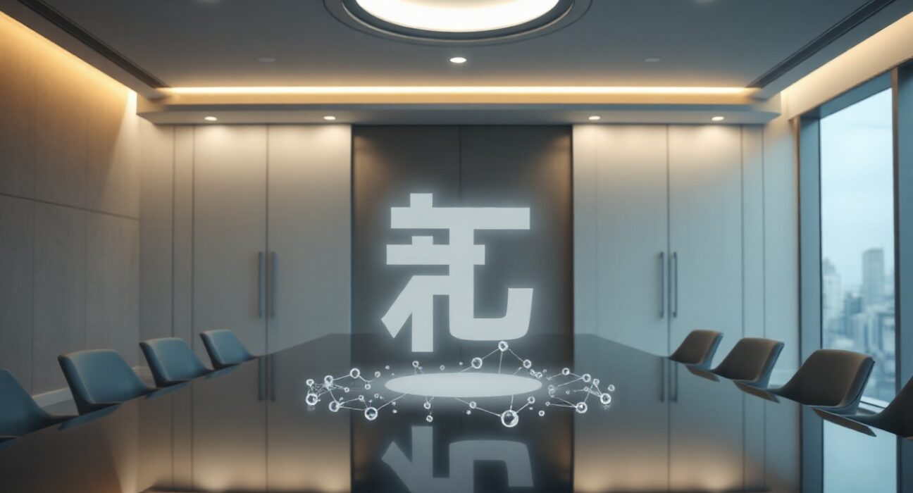 Digital won symbol and blockchain nodes on a boardroom table in Seoul, representing stablecoin consortium discussions.