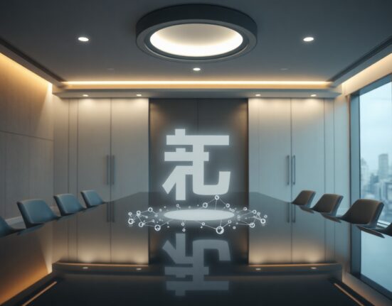 Digital won symbol and blockchain nodes on a boardroom table in Seoul, representing stablecoin consortium discussions.