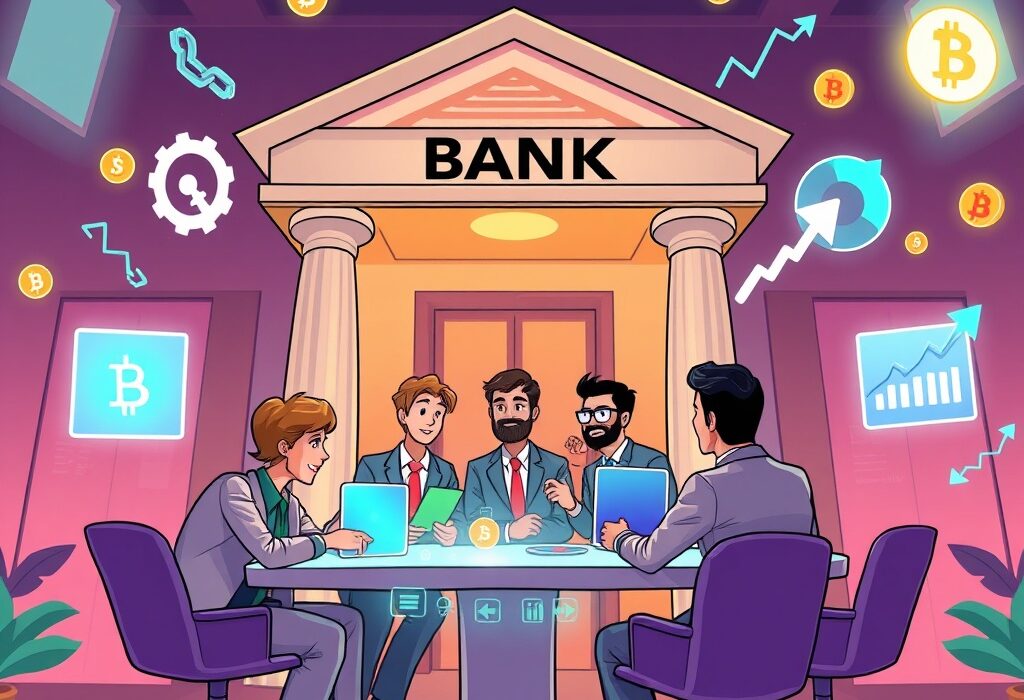 Cartoon illustration showing a task force developing innovative stablecoin financial services at a modern bank.