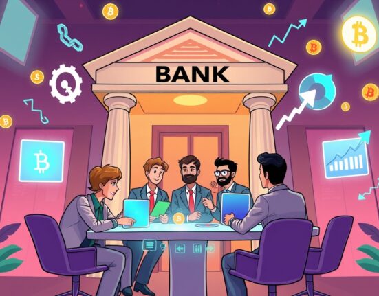Cartoon illustration showing a task force developing innovative stablecoin financial services at a modern bank.