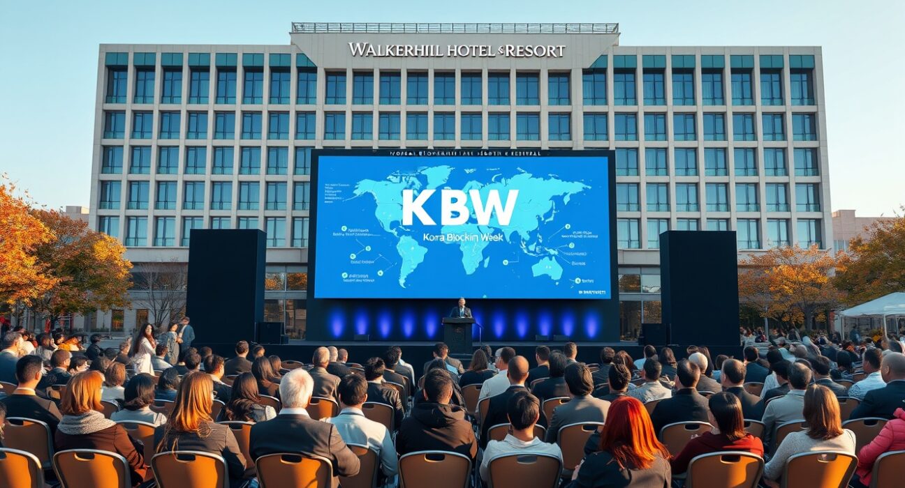 Korea Blockchain Week 2026 event with speakers including Patrick Witt at Walkerhill Hotel in Seoul