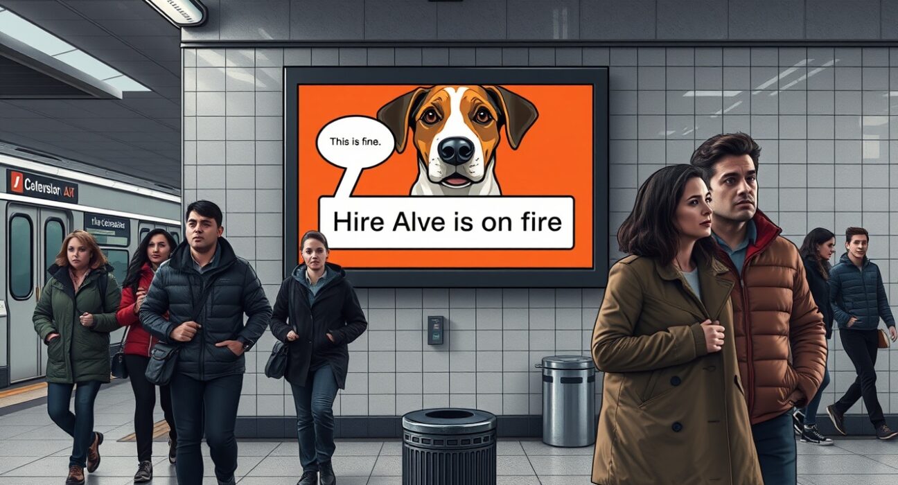 KC Green's 'This is fine' meme altered in an Artisan AI subway ad, sparking copyright infringement accusations.