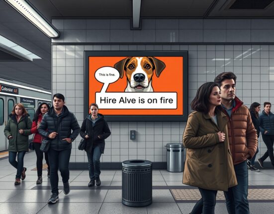 KC Green's 'This is fine' meme altered in an Artisan AI subway ad, sparking copyright infringement accusations.