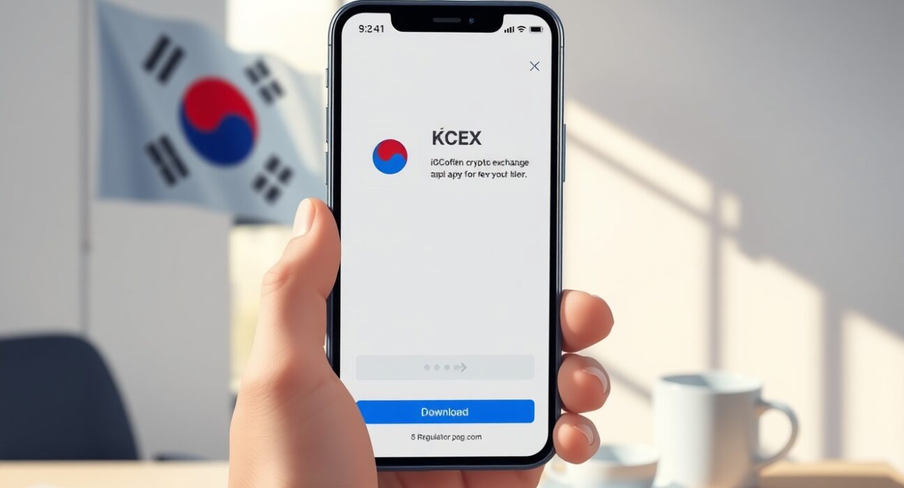 KCEX unregistered exchange app download page on iOS App Store with South Korean flag in background