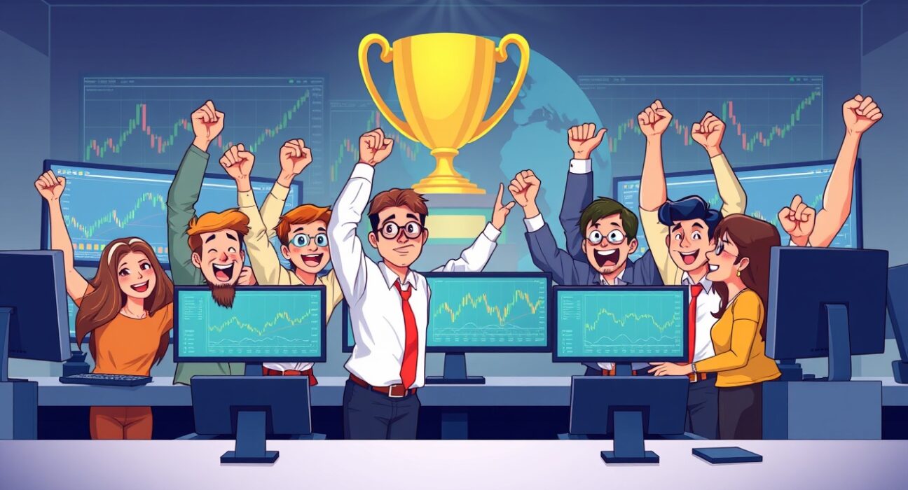 Cartoon illustration of a trading team celebrating their success in the KCGI 2025 global competition, demonstrating their strategic expertise.