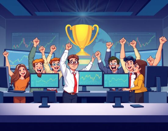 Cartoon illustration of a trading team celebrating their success in the KCGI 2025 global competition, demonstrating their strategic expertise.