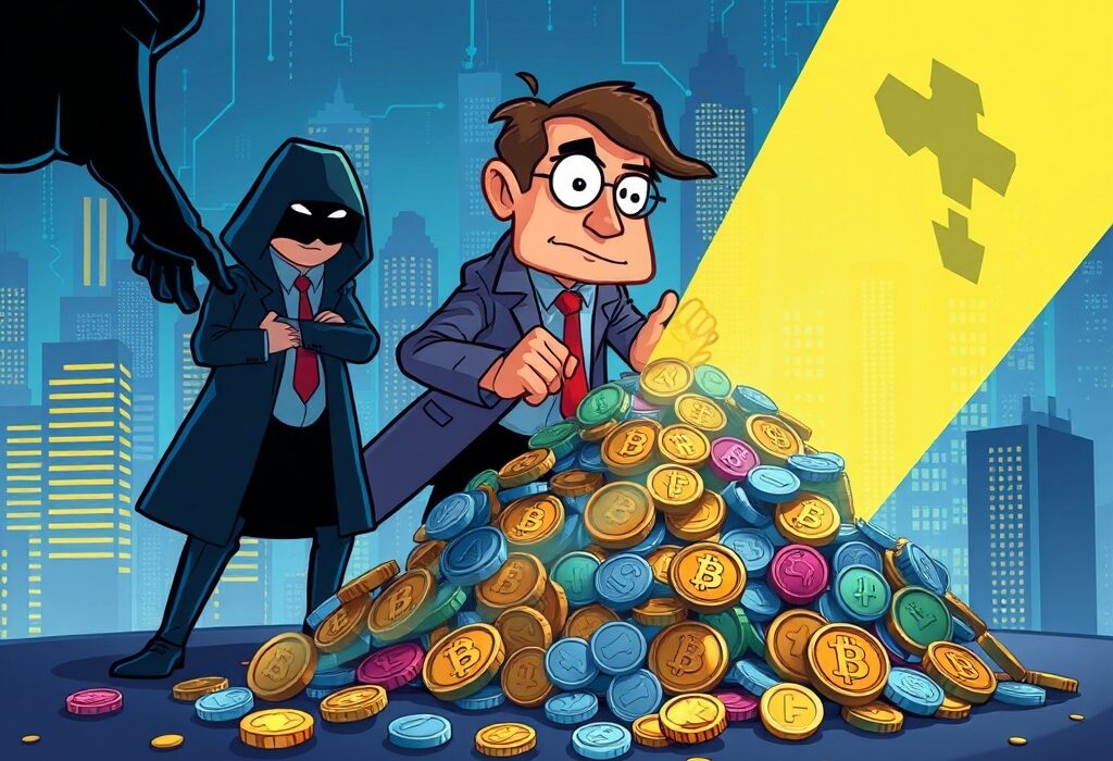Cartoon illustration of KDIC successfully exposing hidden crypto assets, symbolizing the fight against financial misconduct by executives.