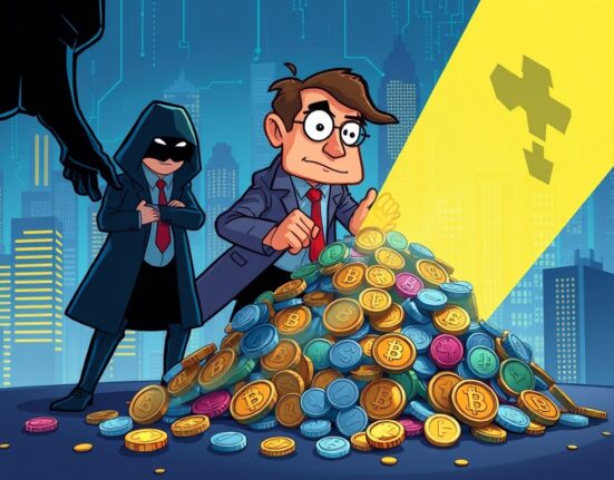 Cartoon illustration of KDIC successfully exposing hidden crypto assets, symbolizing the fight against financial misconduct by executives.