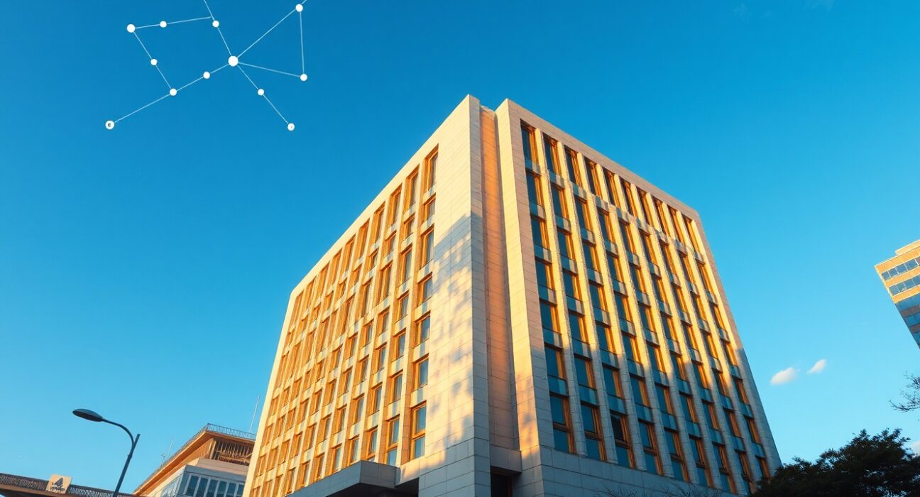Government building in Seoul with digital network overlay representing blockchain regulation