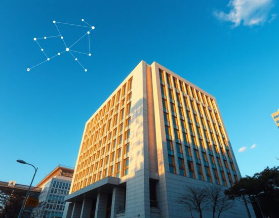 Government building in Seoul with digital network overlay representing blockchain regulation