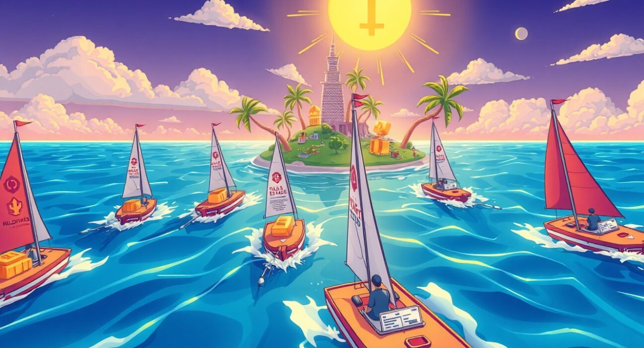 Cartoon illustration of real-world asset projects racing toward Solana blockchain in a vibrant tokenization regatta.