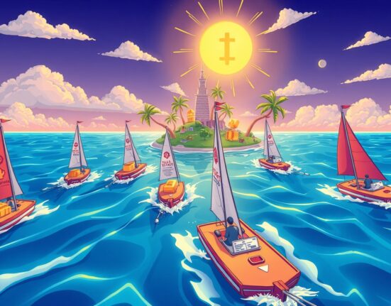 Cartoon illustration of real-world asset projects racing toward Solana blockchain in a vibrant tokenization regatta.