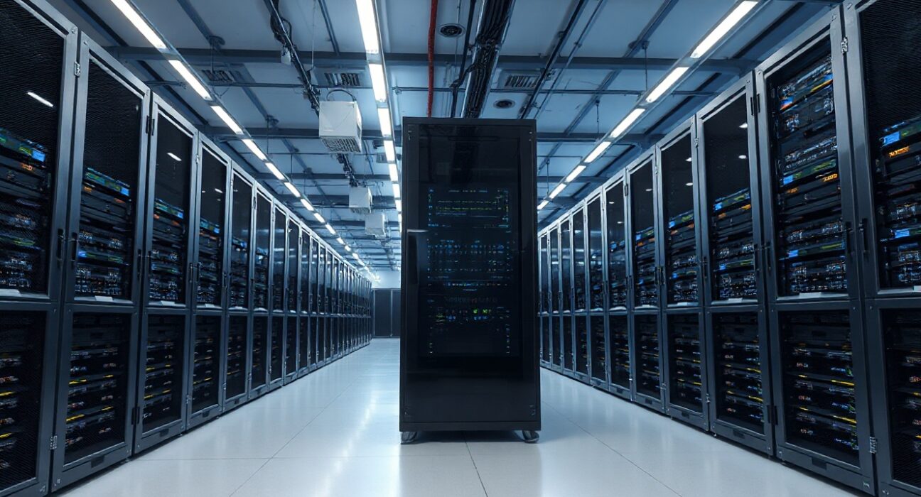 Interior of a modern AI data center with server racks and GPU computing units