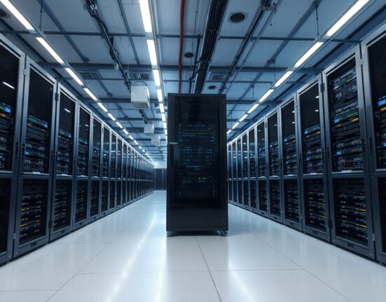 Interior of a modern AI data center with server racks and GPU computing units