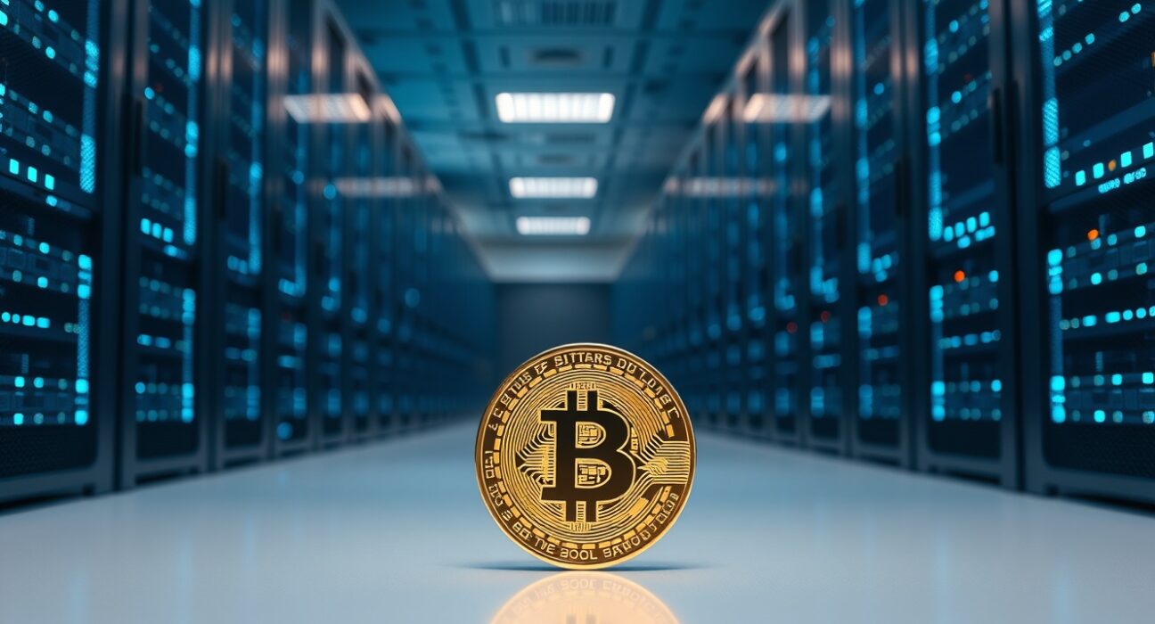 Bitcoin coin in foreground with blurred server racks in a modern data center representing Keel Infrastructure's pivot to HPC and AI.