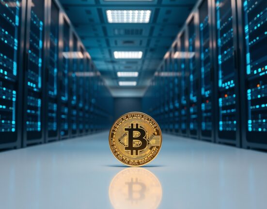 Bitcoin coin in foreground with blurred server racks in a modern data center representing Keel Infrastructure's pivot to HPC and AI.