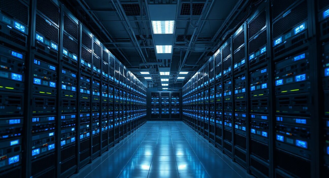 Interior of a Bitcoin mining data center with rows of ASIC mining rigs