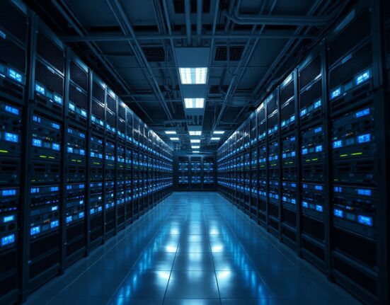 Interior of a Bitcoin mining data center with rows of ASIC mining rigs
