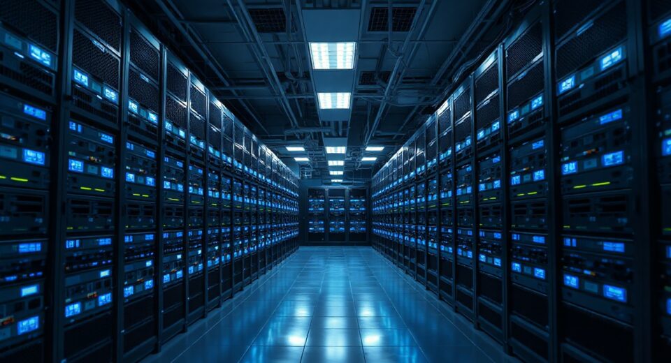 Interior of a Bitcoin mining data center with rows of ASIC mining rigs