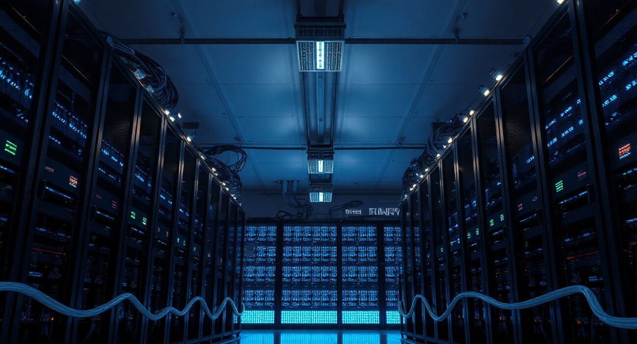 Interior of a modern data center with rows of servers, representing Keel Infrastructure's pivot from Bitcoin mining to AI facilities.