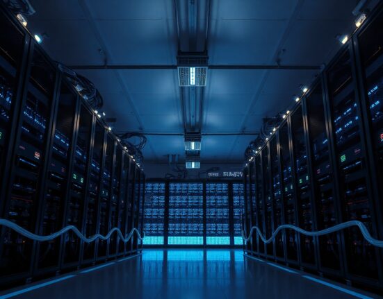 Interior of a modern data center with rows of servers, representing Keel Infrastructure's pivot from Bitcoin mining to AI facilities.