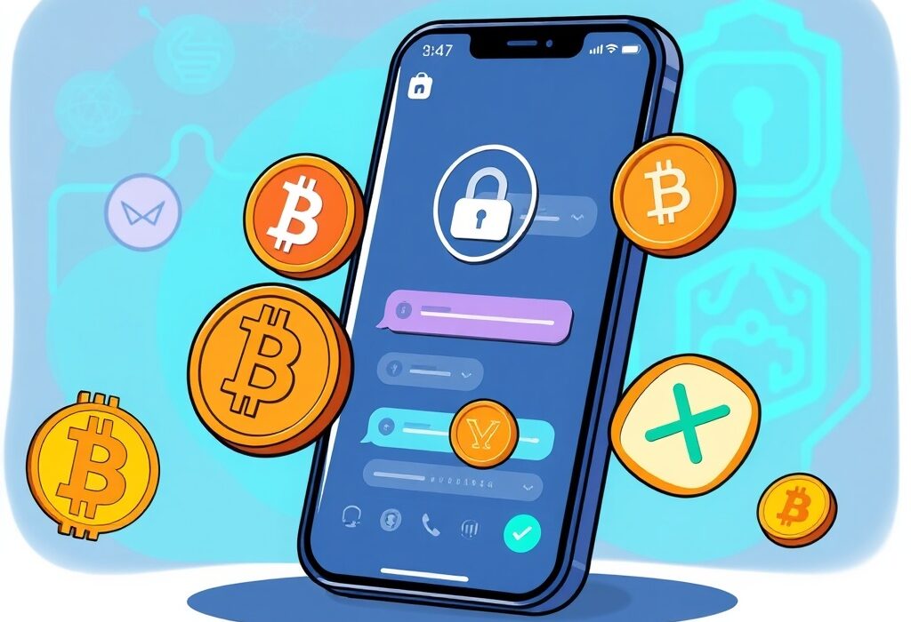 A vibrant cartoon showing Keet messenger app on a phone, surrounded by crypto logos, symbolizing secure Keet messenger payments and AI integration.