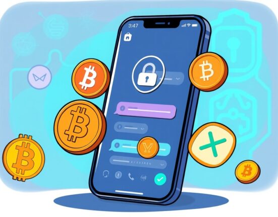 A vibrant cartoon showing Keet messenger app on a phone, surrounded by crypto logos, symbolizing secure Keet messenger payments and AI integration.