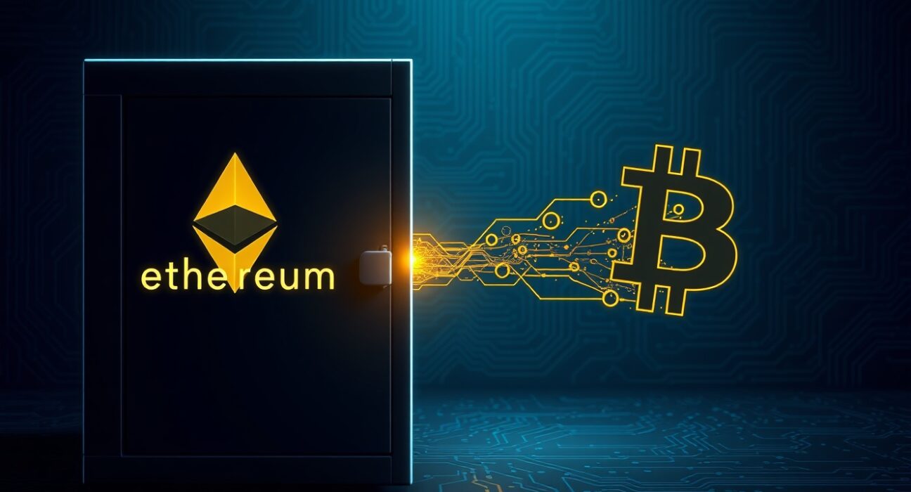 Digital representation of Kelp DAO exploit showing Ethereum converted to Bitcoin through blockchain technology