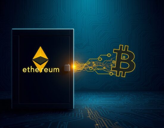 Digital representation of Kelp DAO exploit showing Ethereum converted to Bitcoin through blockchain technology