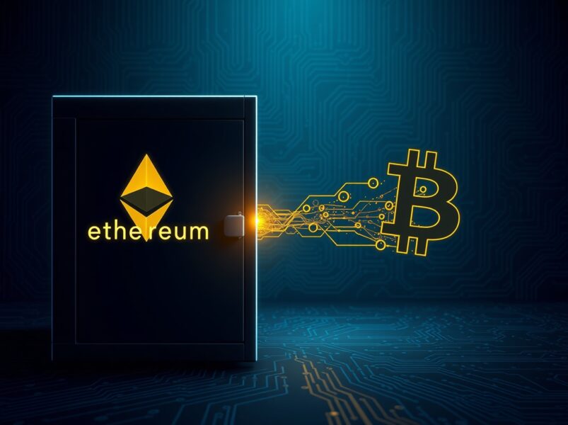 Digital representation of Kelp DAO exploit showing Ethereum converted to Bitcoin through blockchain technology