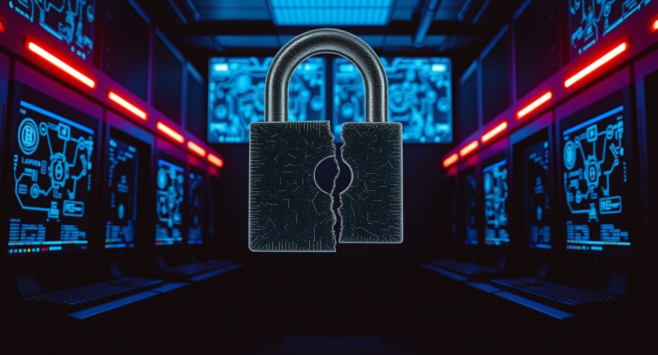Broken digital padlock in a dimly lit server room with blockchain screens, representing a DeFi security breach