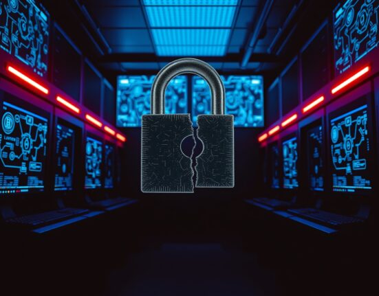 Broken digital padlock in a dimly lit server room with blockchain screens, representing a DeFi security breach