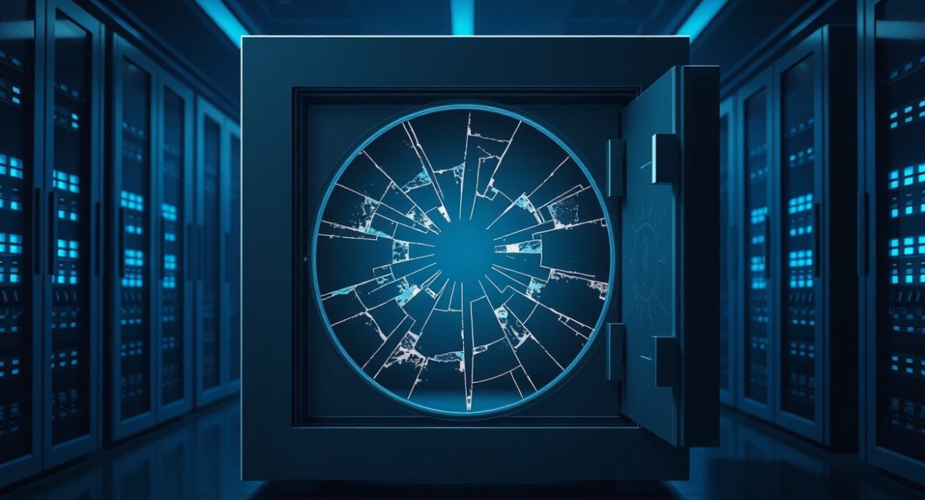 Digital vault breach representing the Kelp DAO rsETH hack and security vulnerability.