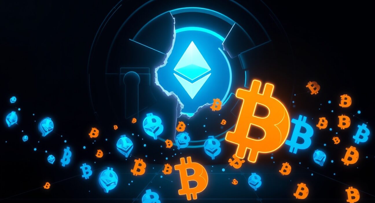 Visual metaphor for the KelpDAO exploit showing stolen Ethereum being converted to Bitcoin.